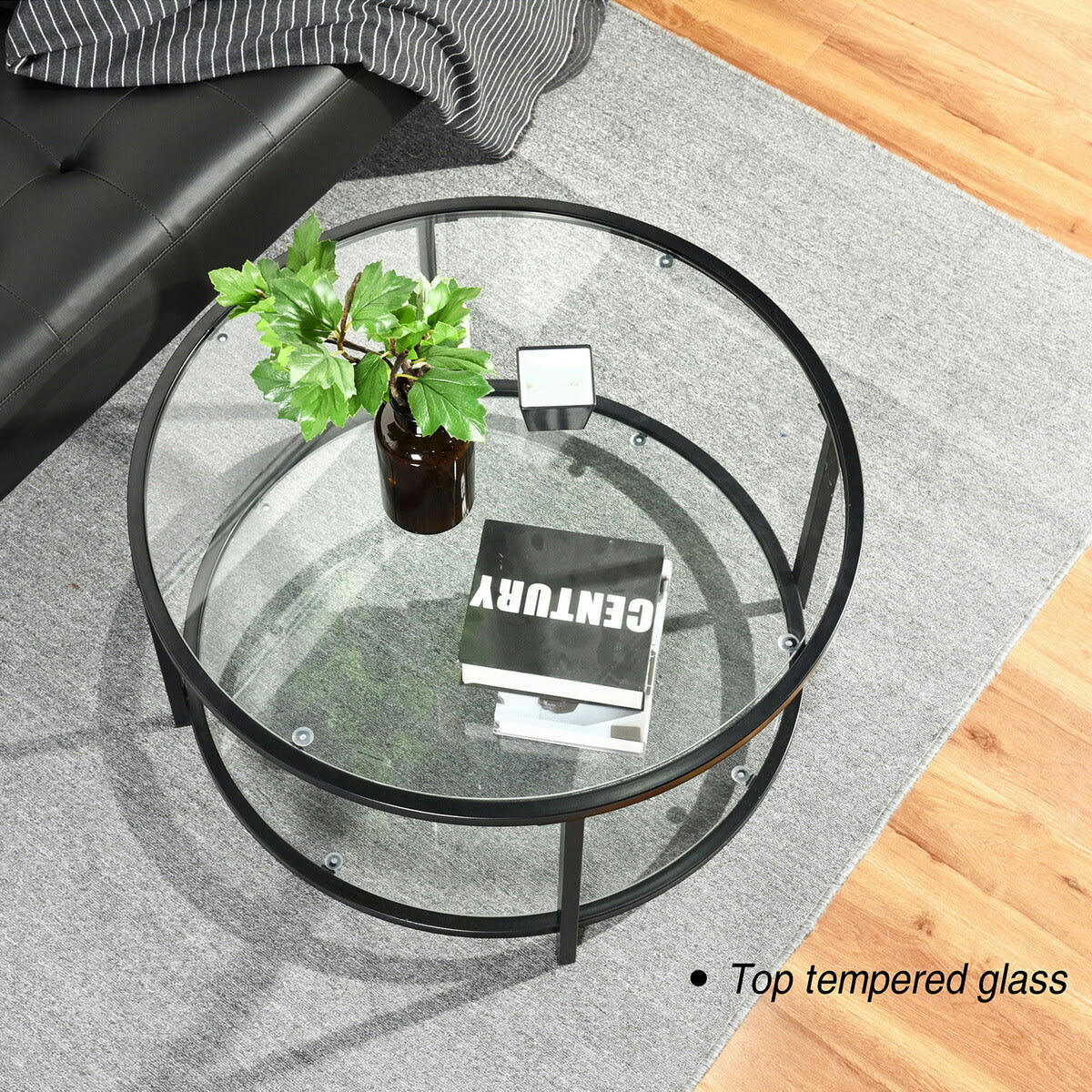 - Table Basse Salon Ronde en Verre Cadre en Métal Noir 80*80*42cm