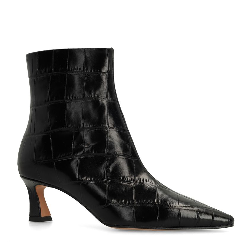 Manfield Zwarte leren croco enkellaarsjes met hak