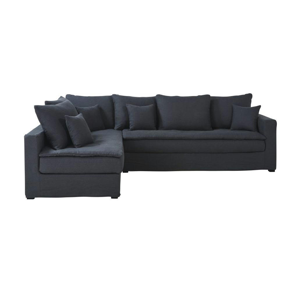 Célestin - Canapé d'angle gauche convertible 5 places en lin gris anthracite