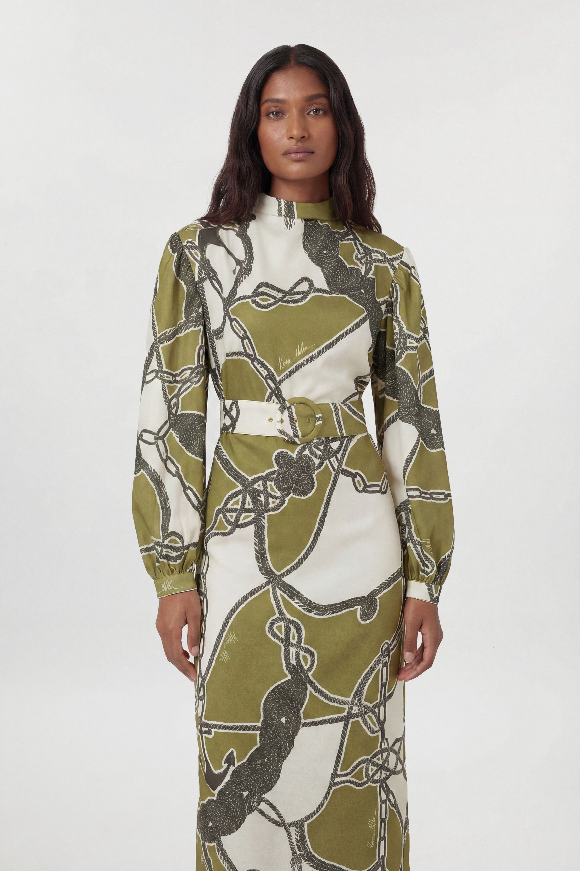 KarenMillen Chain Print Woven Balloon Sleeve Maxi Dress