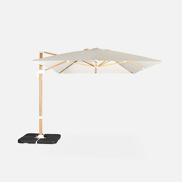 Parasol déporté rectangulaire écru 3x4m. mât effet bois   Dalles à lester 50x50cm