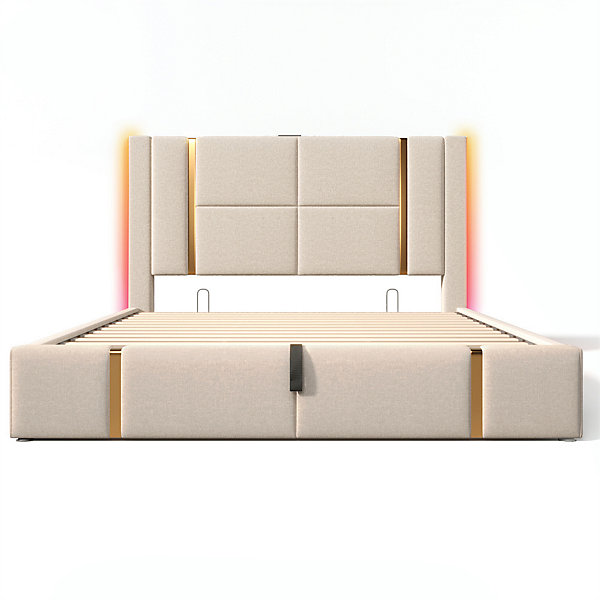 Lit adulte lit 160x200 cm lit rembourré lit de rangement lit sommier à lattes en bois lit double lin beige