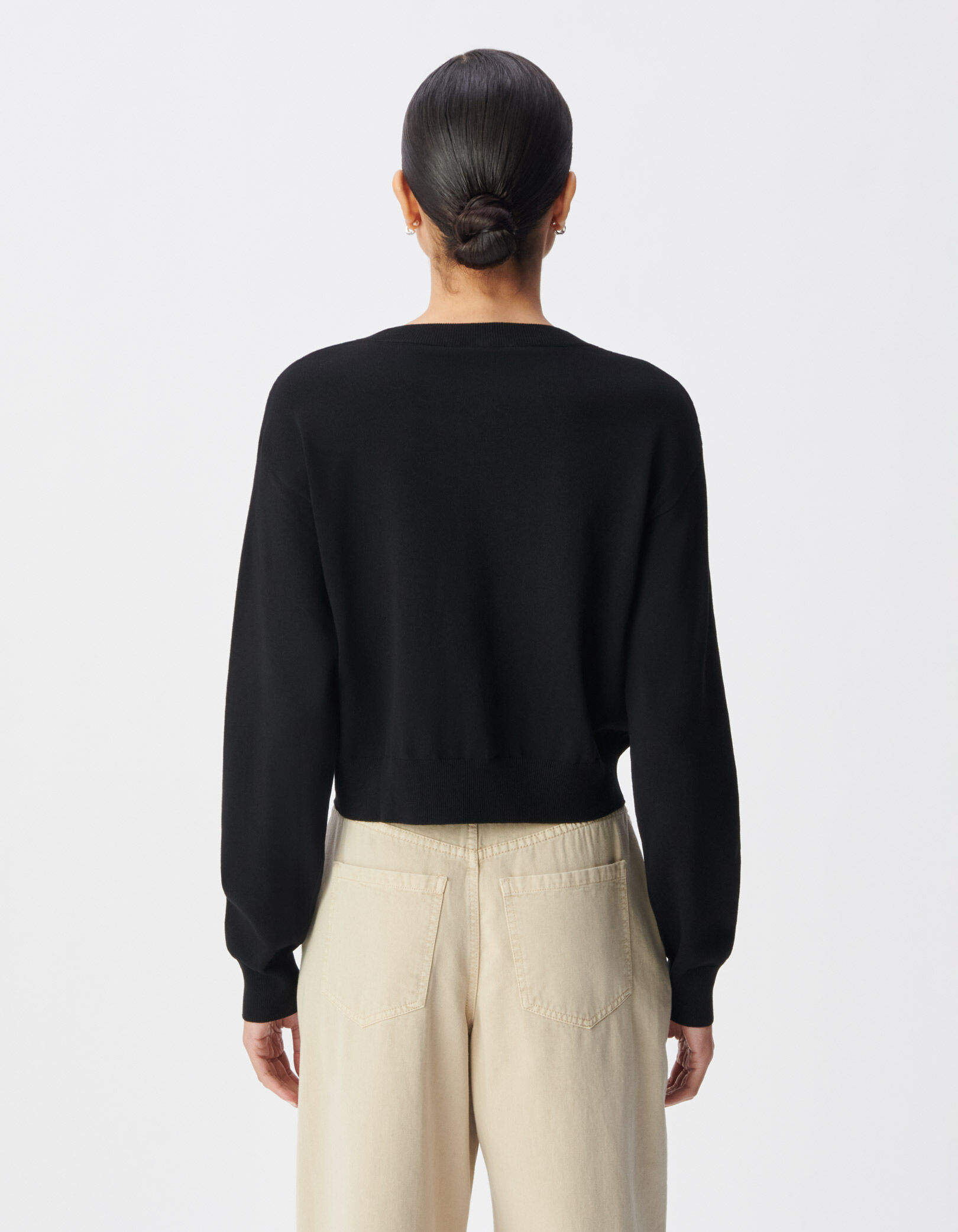 Pull chic noir tricot fin boutons strass Femme