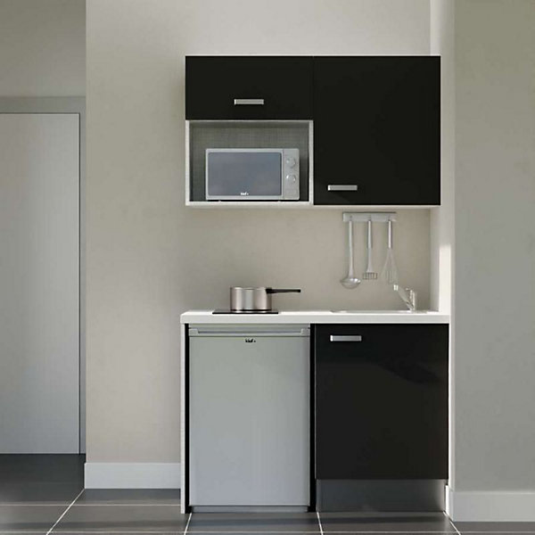Kitchenette K07 façades Noir - Plan de travail Blanc - Crédences : Non - Evier inox - Electroménager Inox inclus