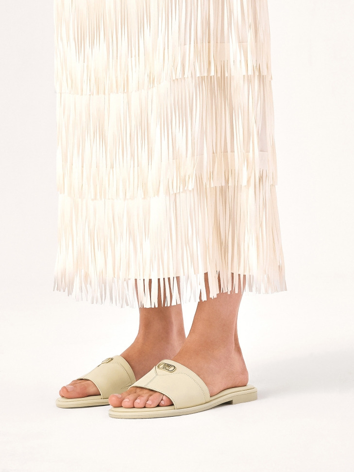 KAZAR monogrammed cream leather slides