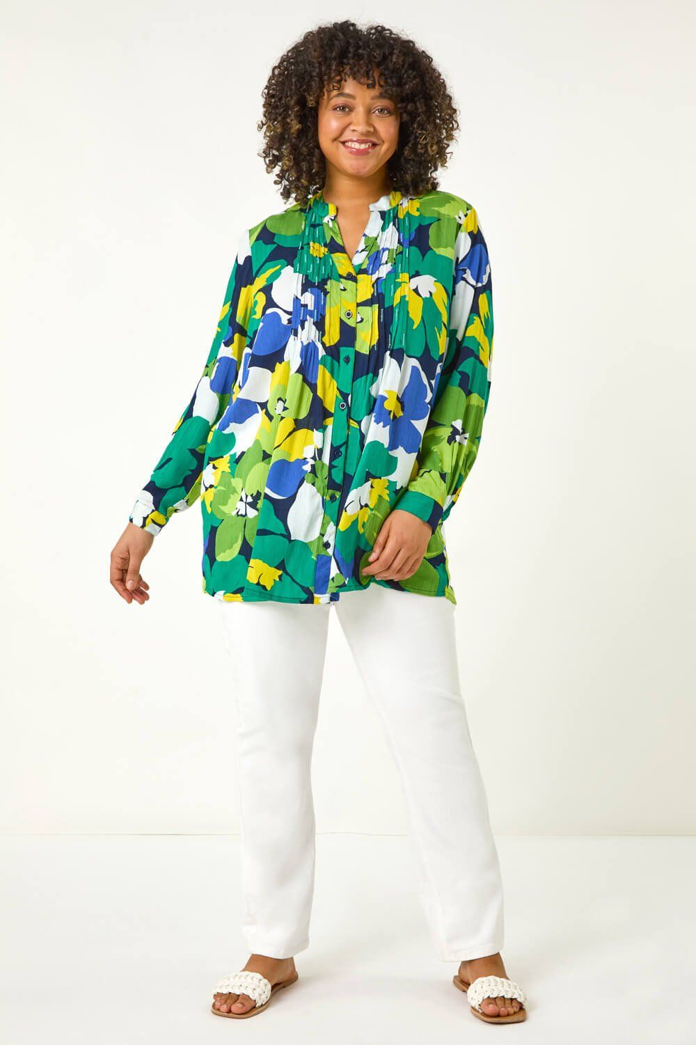 Roman Curve Floral Print Pintuck Blouse