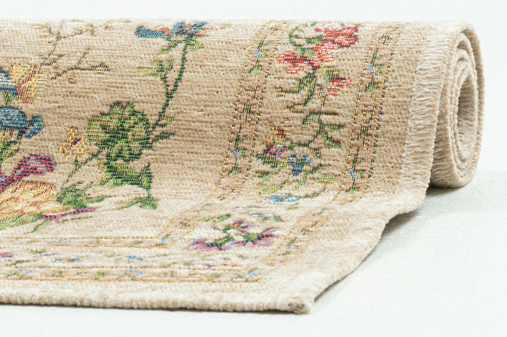 FLOMI - Tapis floral tissé plat beige 70x400 cm