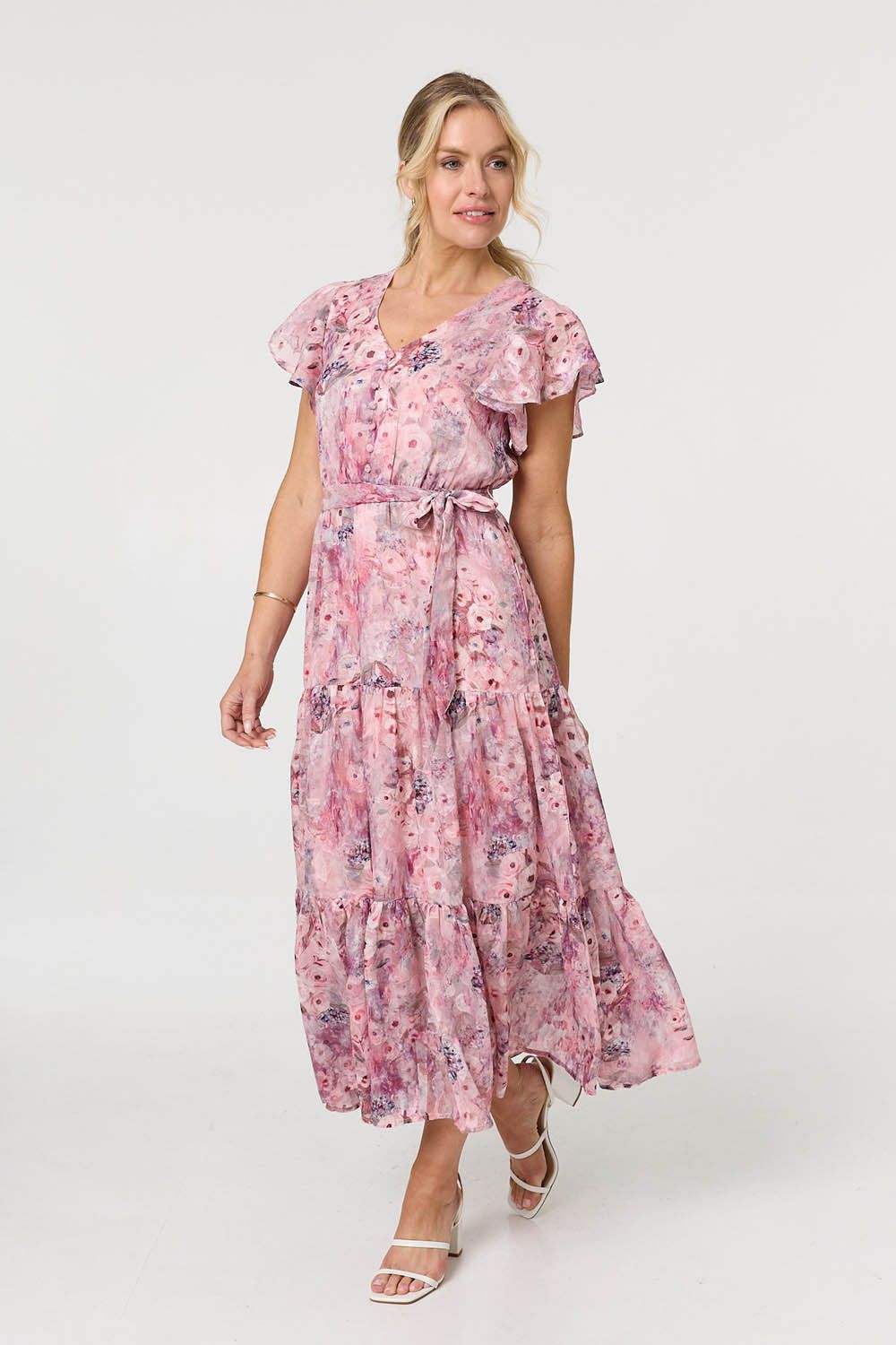 Izabel London Floral Tiered Tie Waist Maxi Dress