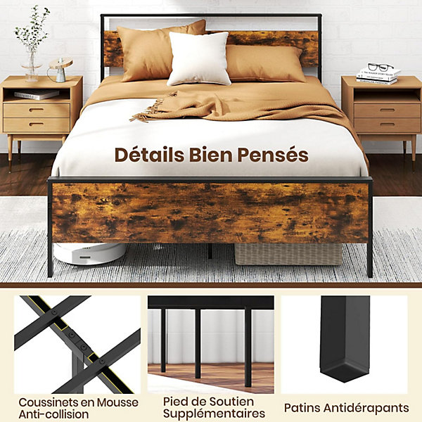 Cadre de Lit Double 140x200CM, avec Tête en Bois, Lattes en Métal, Rangement, Pas Besoin de Sommier à Ressorts, Charge 360 KG