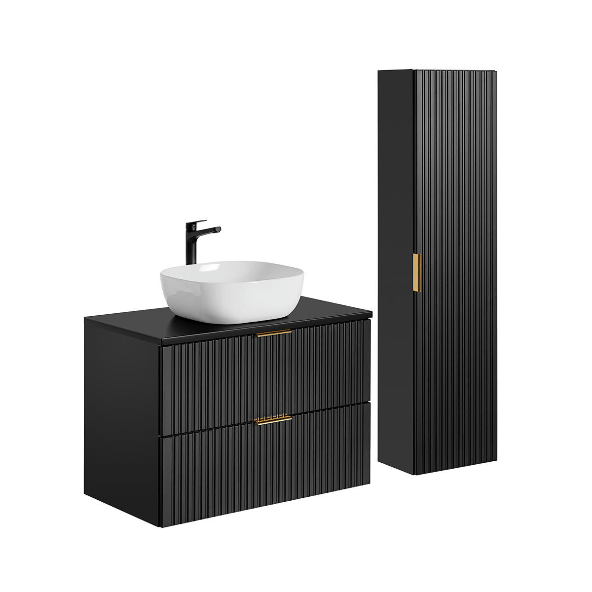 - Ensemble meuble simple vasque 80cm et colonne stratifiés noir mat