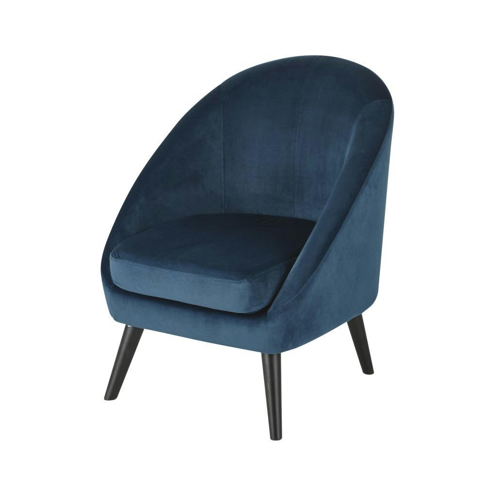 Suzie - Fauteuil vintage en velours bleu nuit et hévéa massif