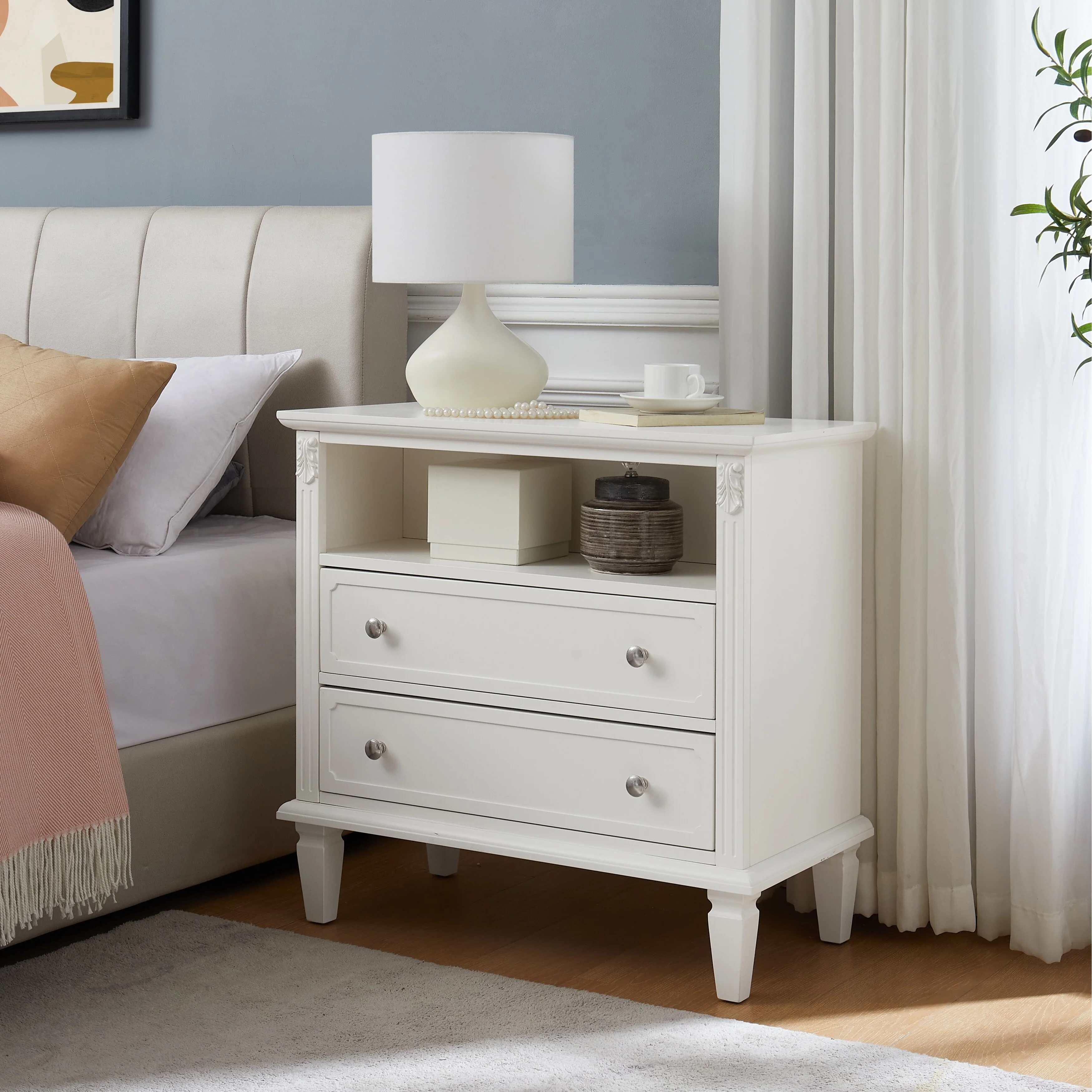 Open Space And 2 Drawers Dresser Nightstand With Charging Station, Farmhouse End Table With Usb Ports And Outlets