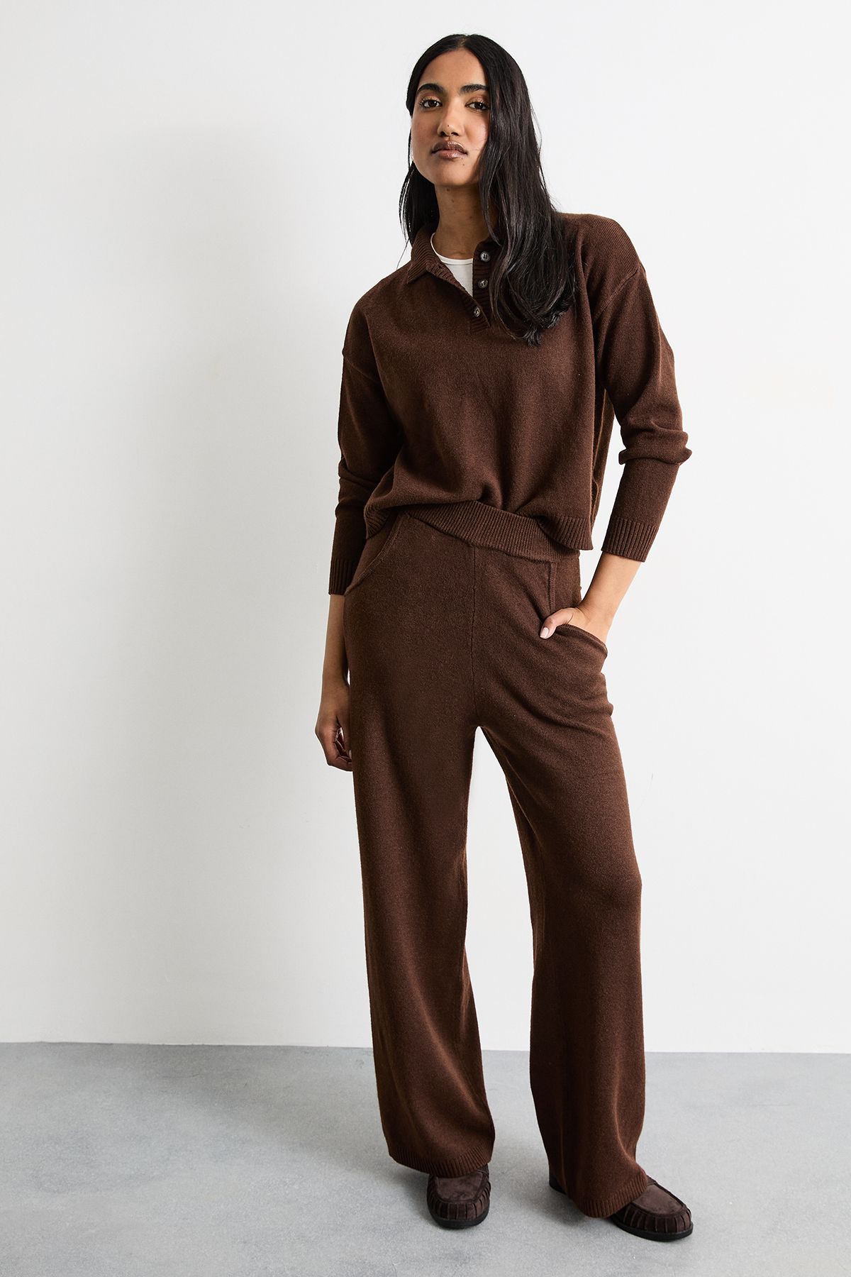 Warehouse Knitted Button Up Collar Detail Jumper