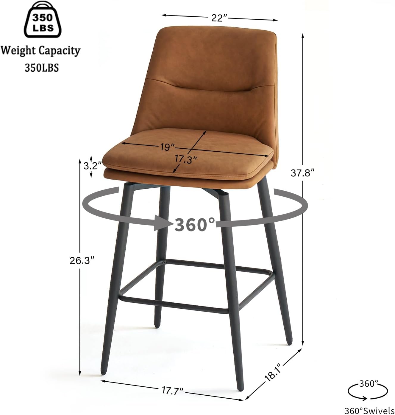 Brown Counter Height Bar Stools Set of 3, 26 Inch Seat Height with Back and Metal Legs, 360° Swivel Upholstered Faux Leather Swivel Bar Stools