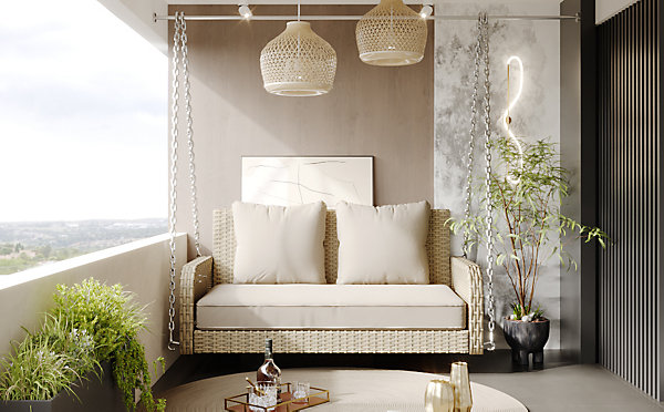 Balancelle de jardin 2 places en rotin beige, salon d'extérieur avec coussins de siège et dossier beiges, amovibles et lavables