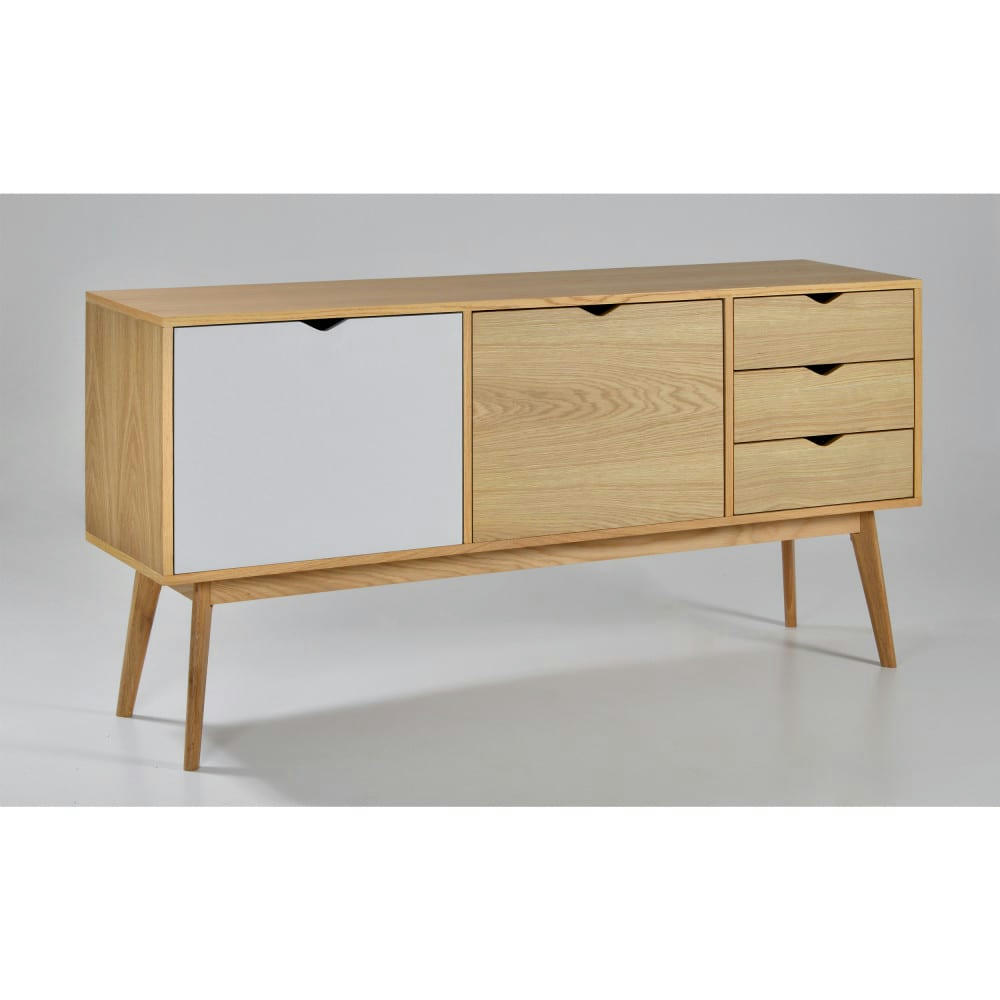 STRÖM - Buffet design 2 portes 3 tiroirs chêne porte blanche