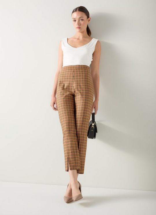 Amber Brown Check Print Tencel Side Zip Trouser