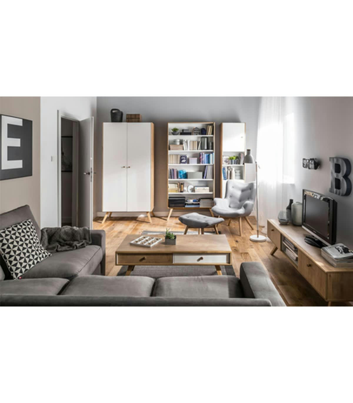 NATURE - Meuble TV 2 tiroirs avec Niches centrale - Décor Chêne et blanc