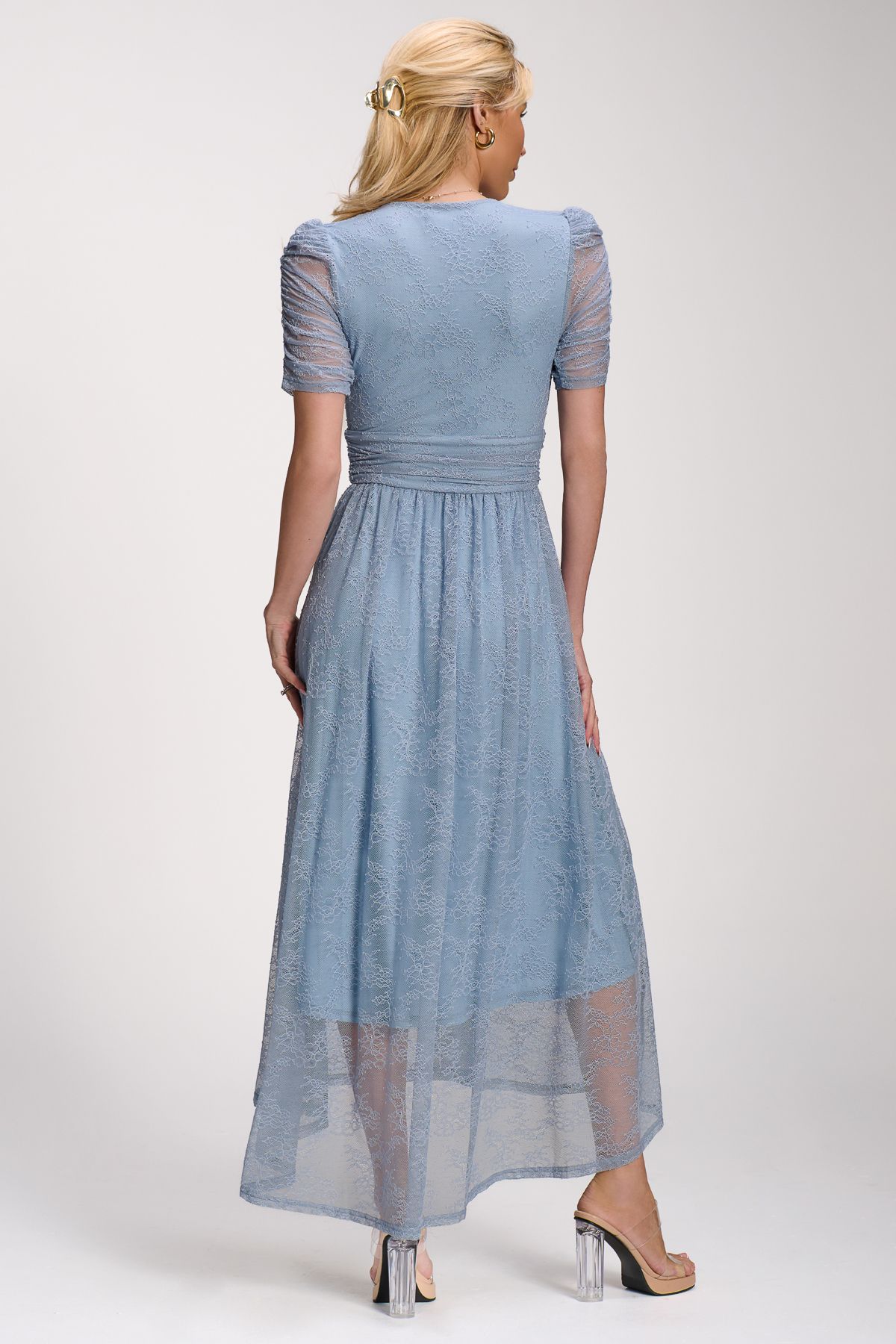 Jolie Moi Lace Ruched Sleeve Dip Hem Maxi Dress