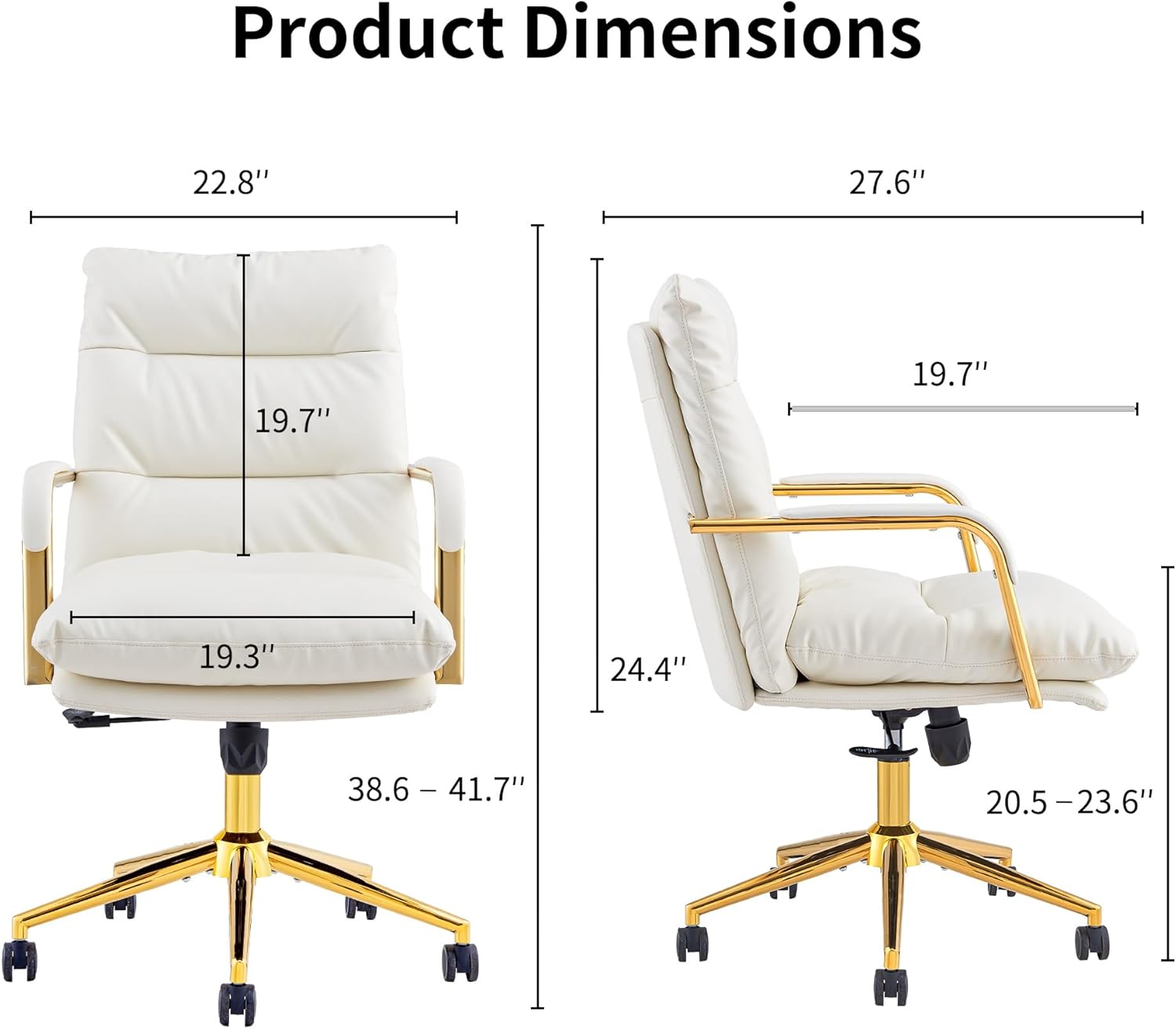 Leather Home Office Desk Chair, Executive Comfy Desk Chair with Support Armrests, Swivel Wheels, Height Adjustable, Mid Back, 360 Swivel, Computer Chair for Office Room, White