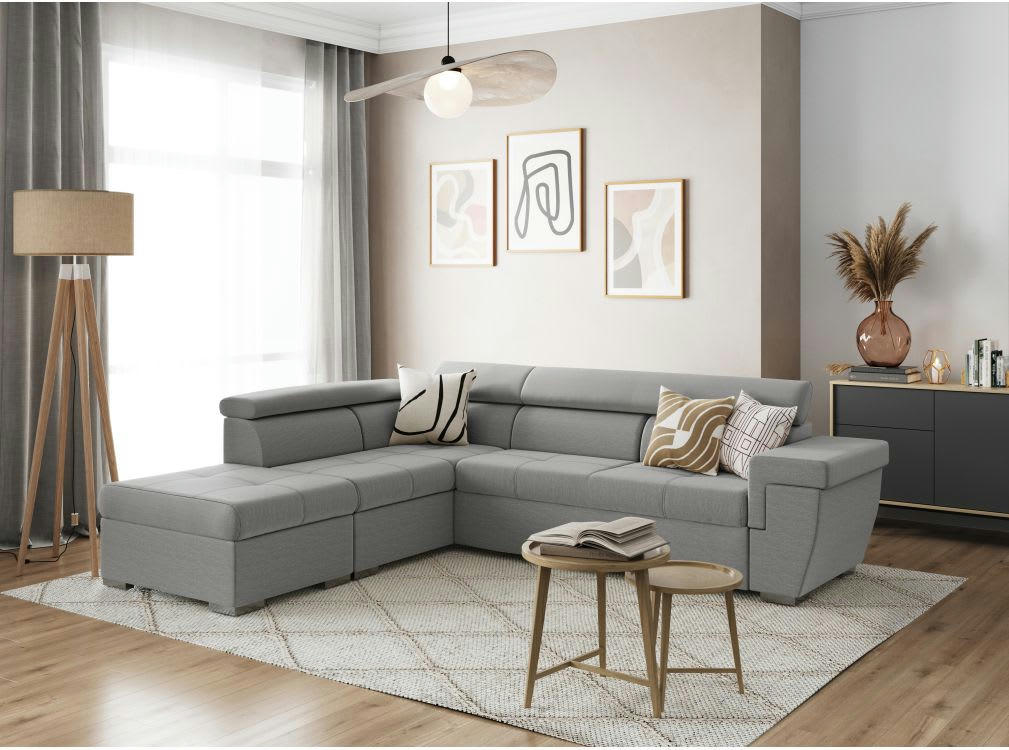 INAYA - Canapé d'angle gauche 5 places convertible en tissu - Gris