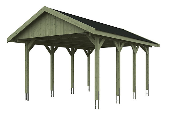 Carport SKAN HOLZ Wallgau 430 x 600 cm, imprégné vert, avec bardeaux noirs