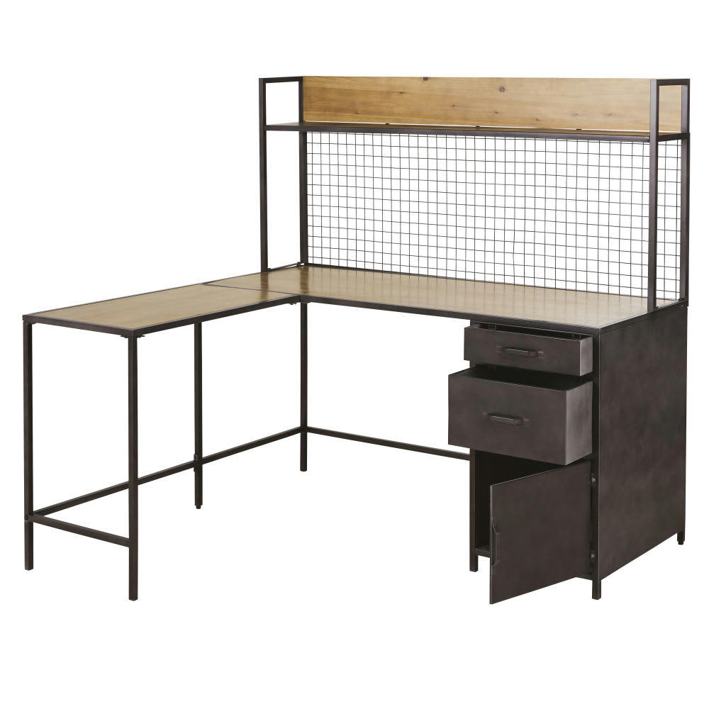 Axyo - Bureau d'angle 2 tiroirs 1 porte en métal gris et bois de sapin