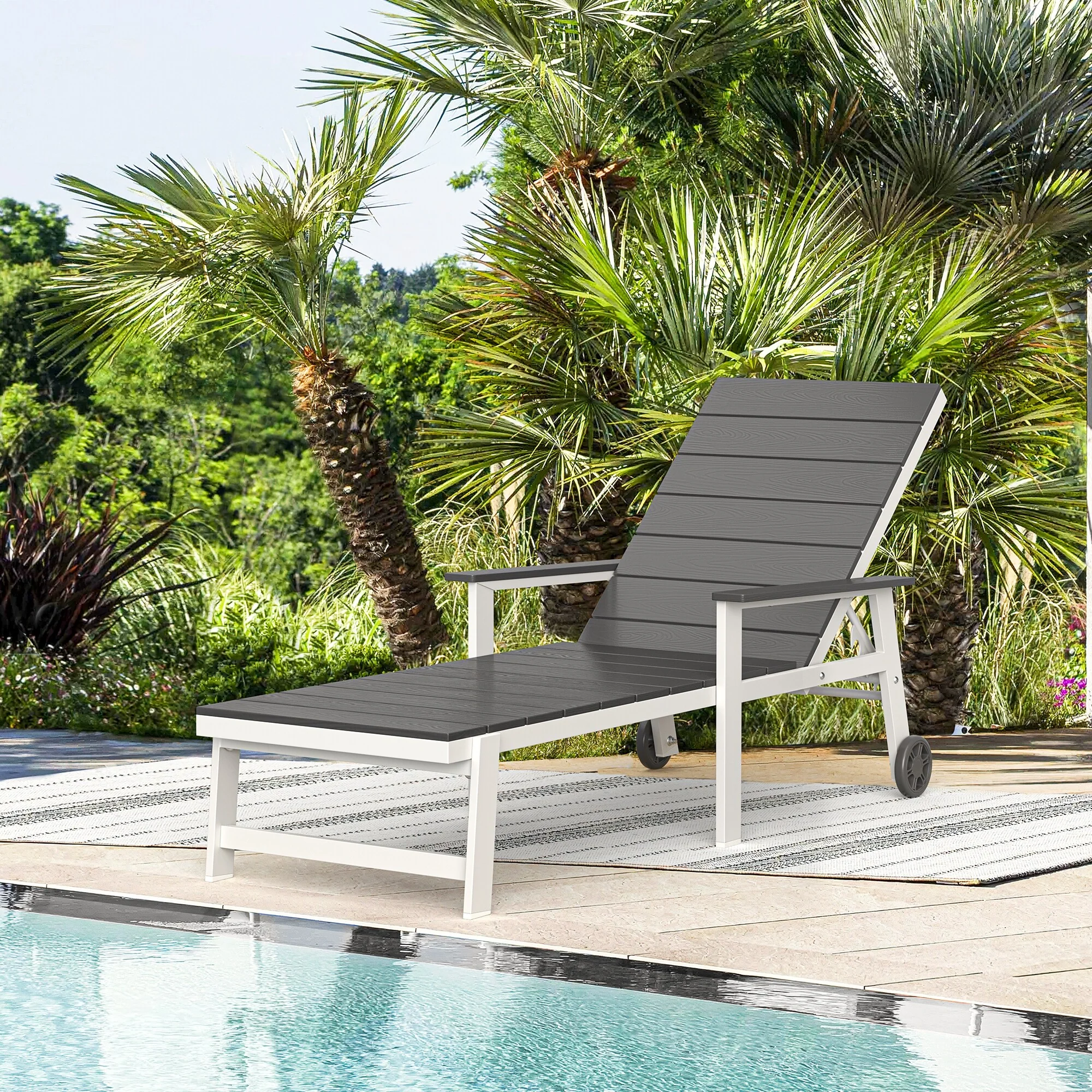 Patio HDPE Backrest Chaise Lounge Chair with Aluminum Frame, Adjustable Backrest and Wheels