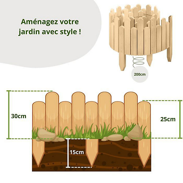 Bordure de Jardin en Bois Clôture d'Extérieur 200 cm x 30 cm Nature Barrières de Jardin Piquets d'ancrage Bordure de Gazon