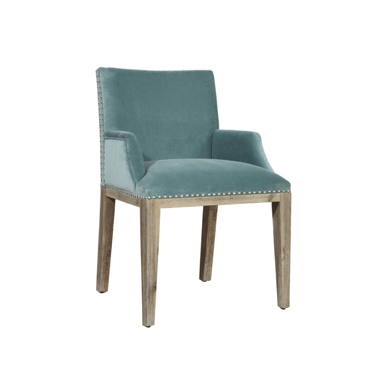 FORGE - KENZA - Fauteuil de table en velours et en bois clouté bleu arctique