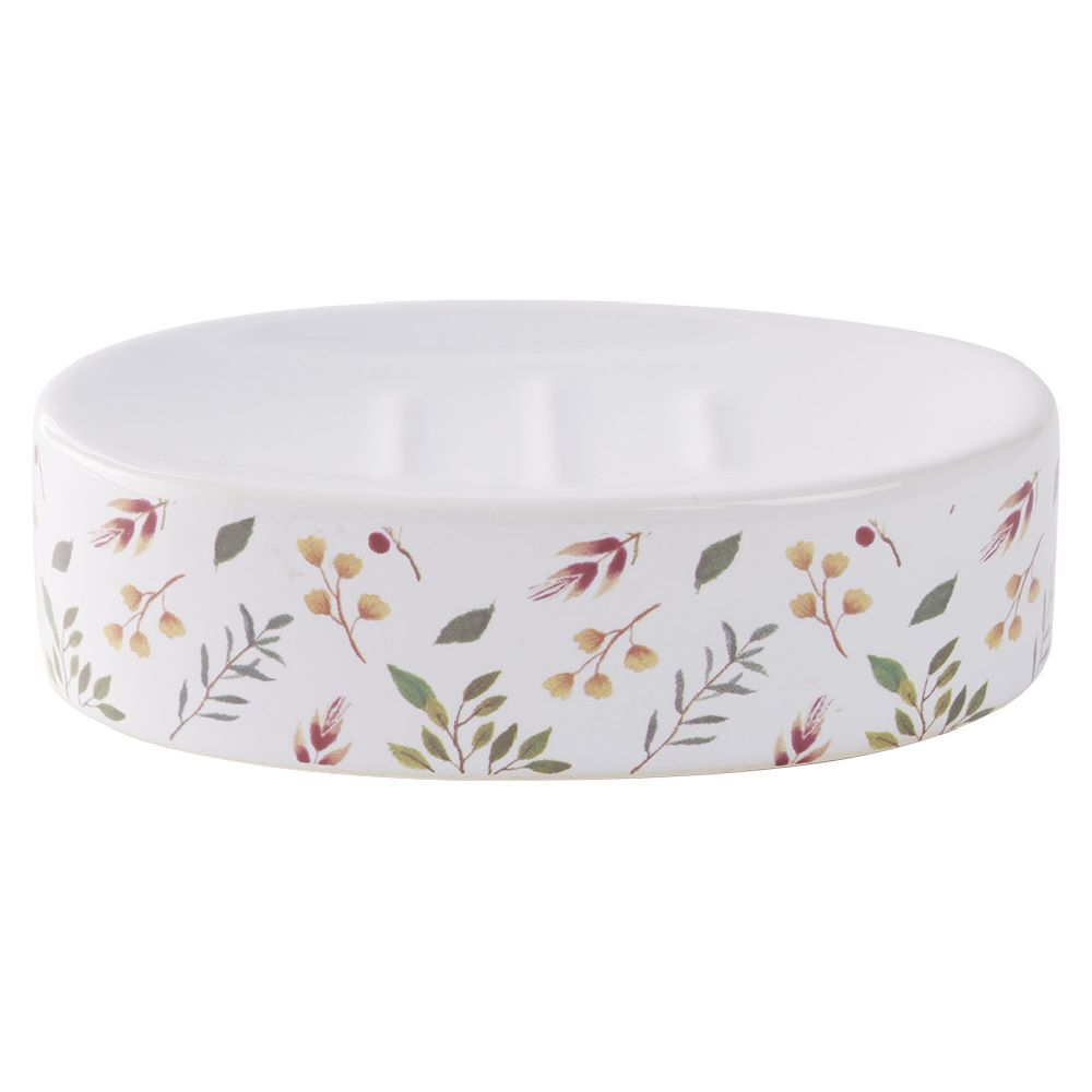 Porte-savon céramique motif floral blanc et rose 13x8,5xH3cm