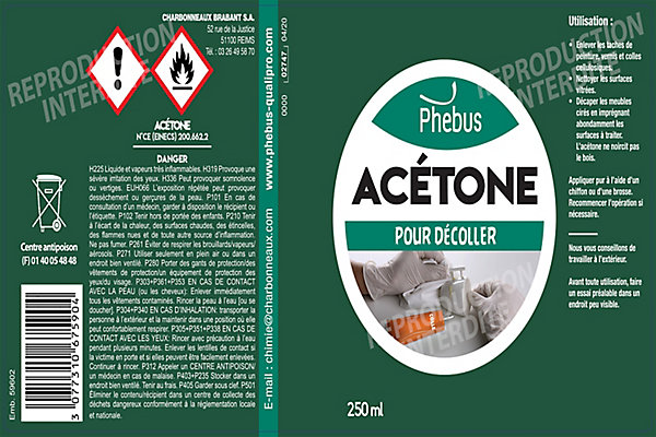 Acétone Phebus pour taches de peintures, vernis et colles 250ml