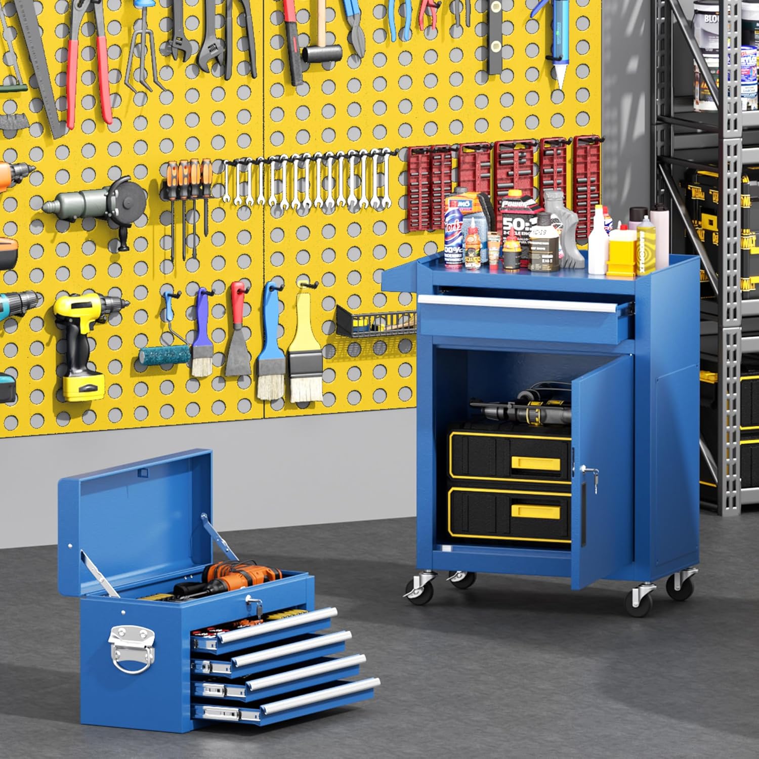 Greenvelly Tool Chest, 5-Drawer Rolling Tool Chest with Hooks and Lockable Wheels, Detachable Top Tool Box, Toolbox with Wheels, Rolling Tool Box for Mechanics Garage Workshop and Tool Room (Blue)