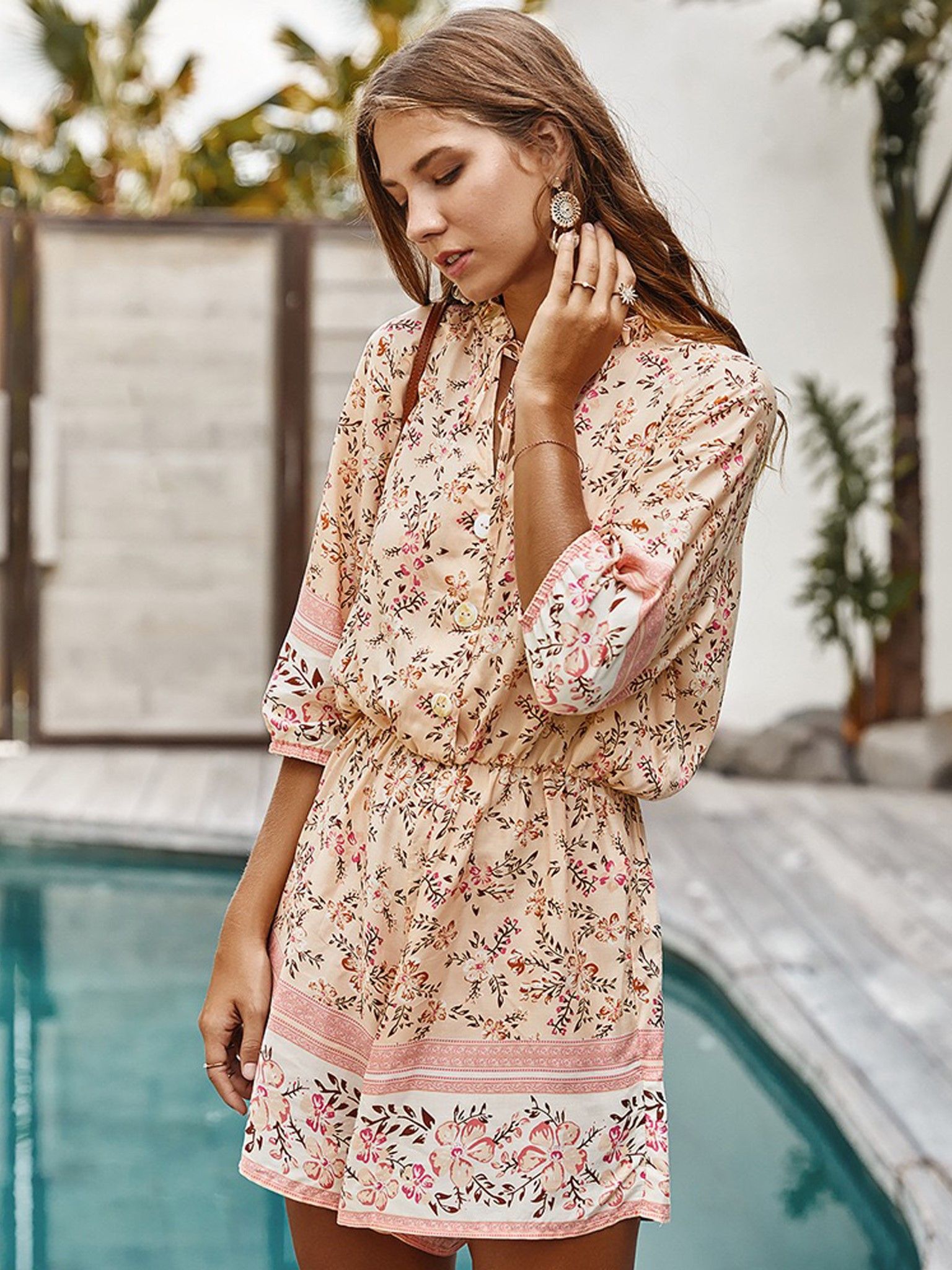 FS Collection Boho Floral Print Playsuit With Buttons