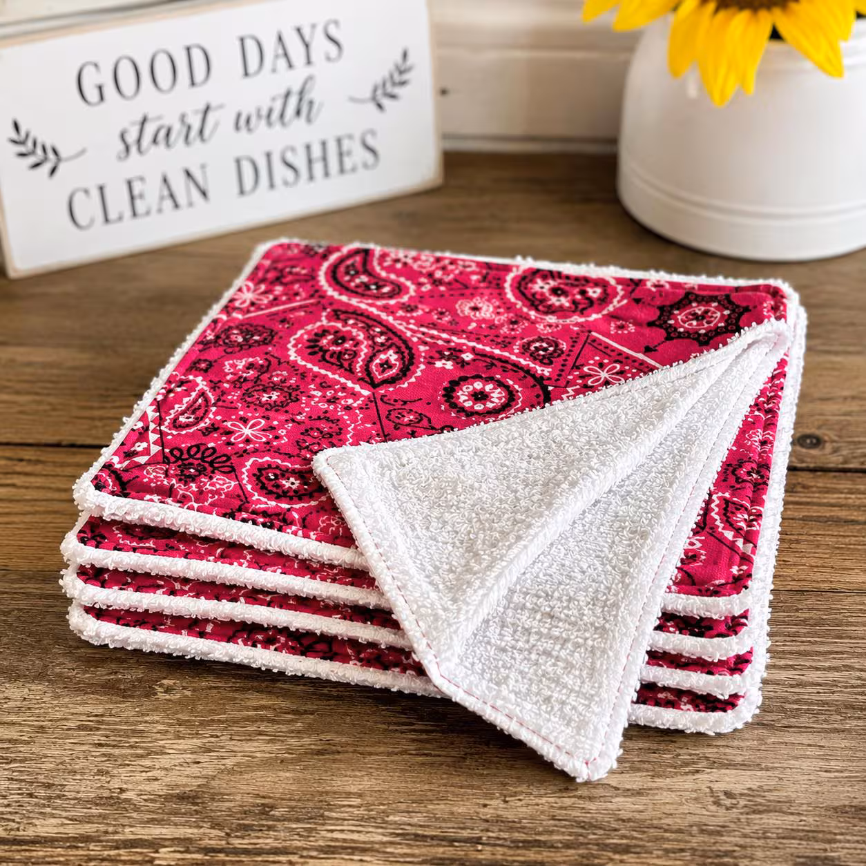Set of 3 |Hot Pink Bandana Dishwashing Cloths | Reusable Cotton Terry Scrubbies (5x5 Inch)