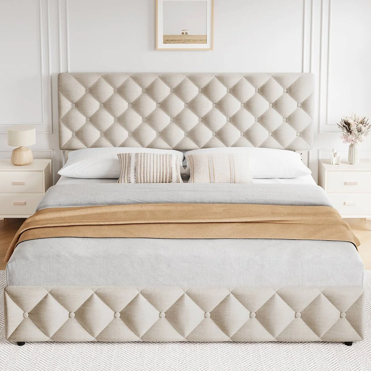 Bed Frame with 4 Storage Drawers and Adjustable Headboard