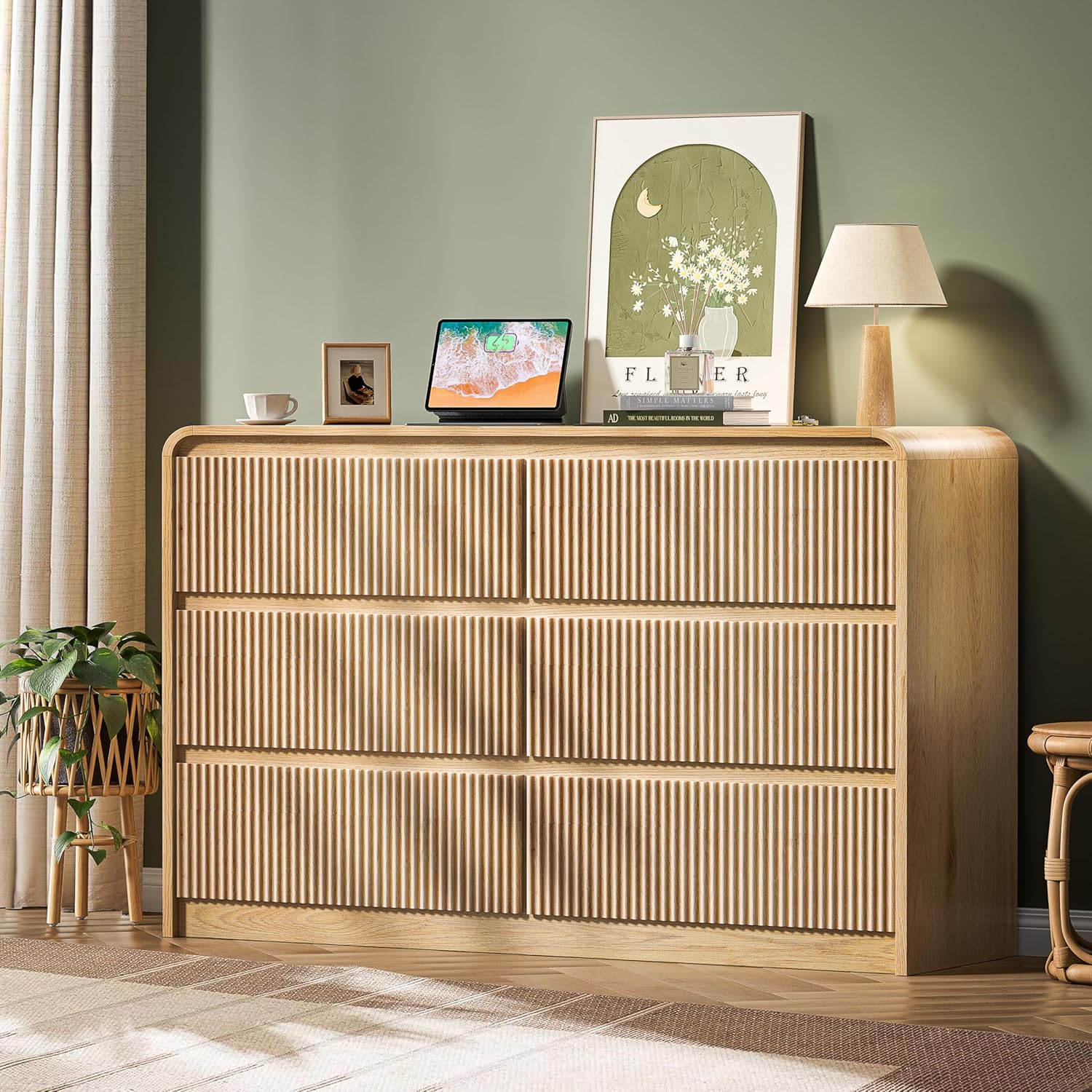 6 Drawer Dresser for Bedroom, Natural Wood Chest of Drawers Wide Versatile Storage Organizer with Fluted Panel for Living Room, Office, hallways, Kitchen Natural 6 Drawer