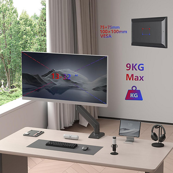 DM6A1 Support écran PC à pince Bras de moniteur Rotatif Inclinable Pivotant Charge max 9 kg Compatible VESA 75 100 Duronic