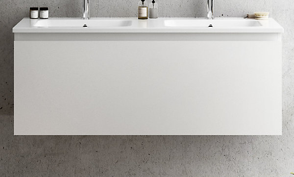 Meuble vasque suspendu blanc mat l.120 cm   plan double vasque blanc brillant céramique, Pura