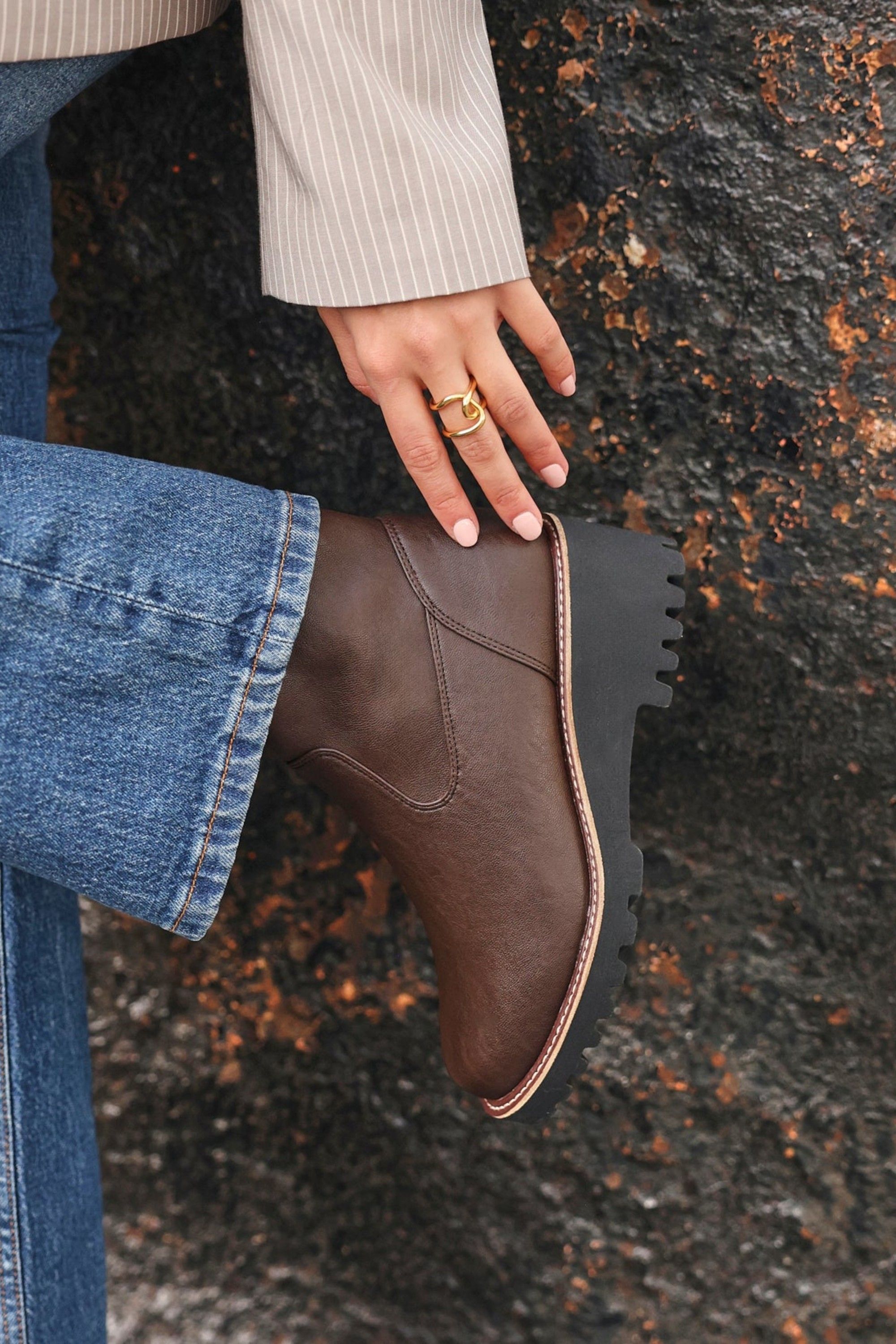 Linzi Pulse Wide Fit Brown Faux Leather Wedged Heel Ankle Boot