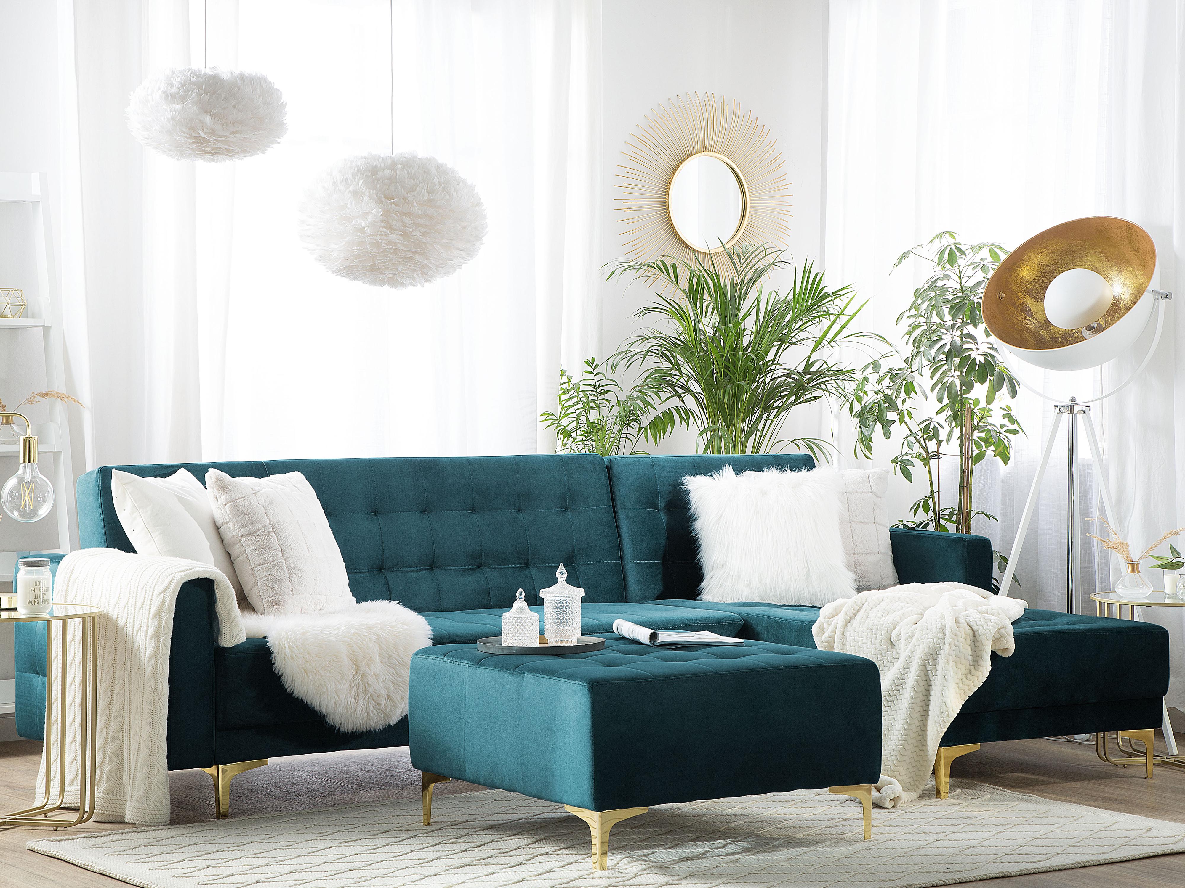 Modular Corner Sofa Bed 4 Seater ABERDEEN Velvet Teal with Ottoman Left Hand