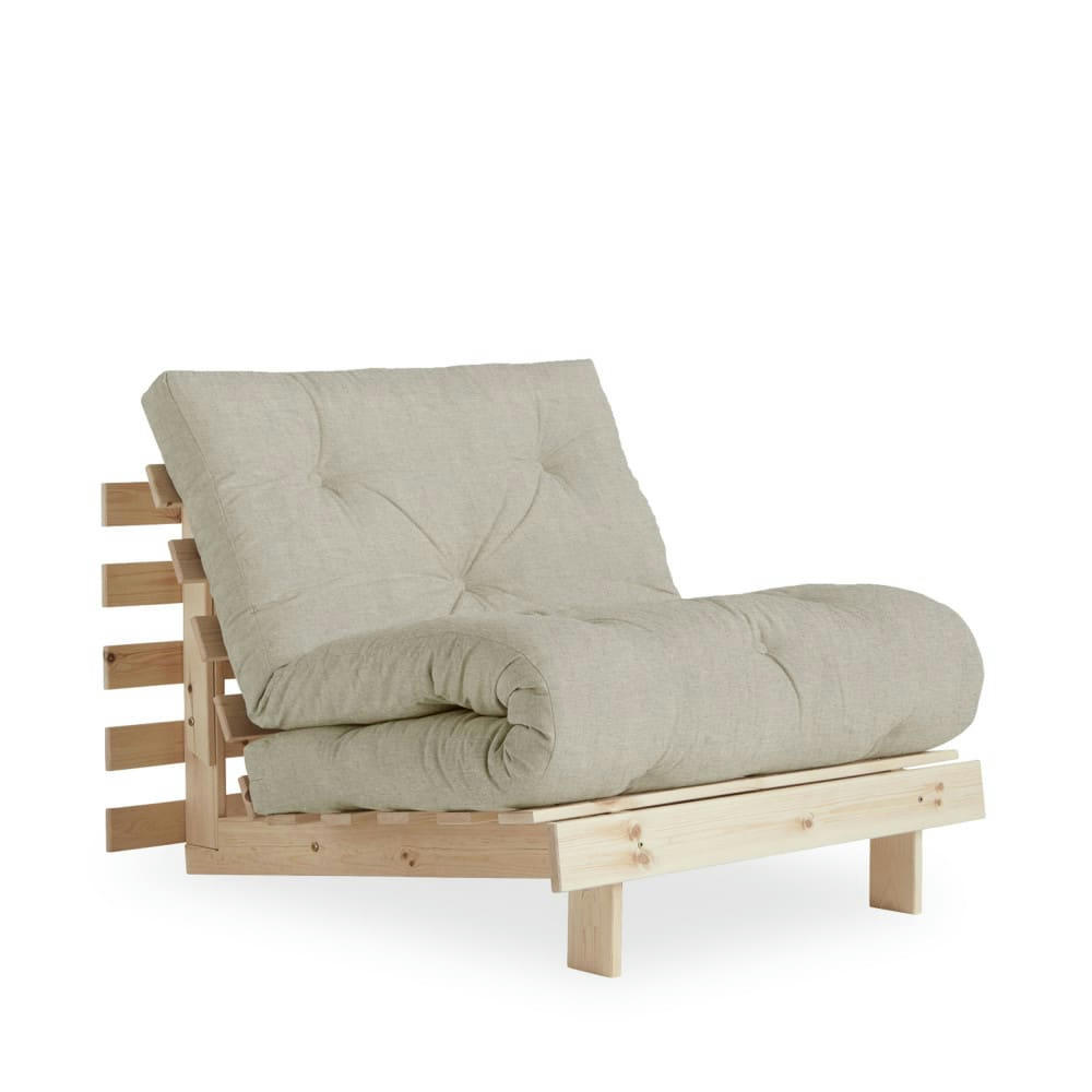 ROOTS - Fauteuil convertible 90x200cm en bois naturel et tissu lin