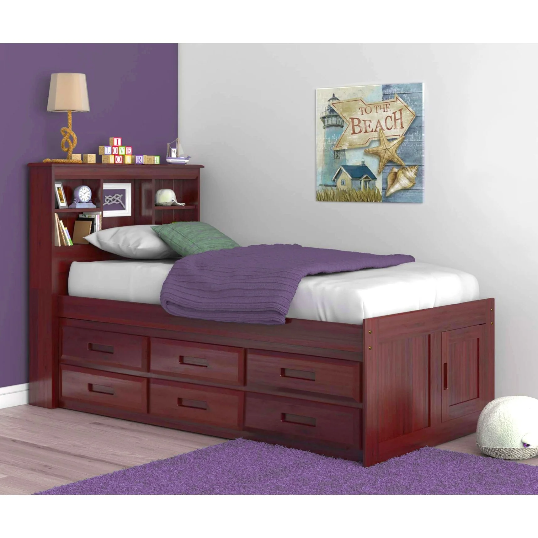 OS Home and Office Furniture Model Solid Pine Twin Captains Bookcase Bed with 6 drawers in Rich Merlot