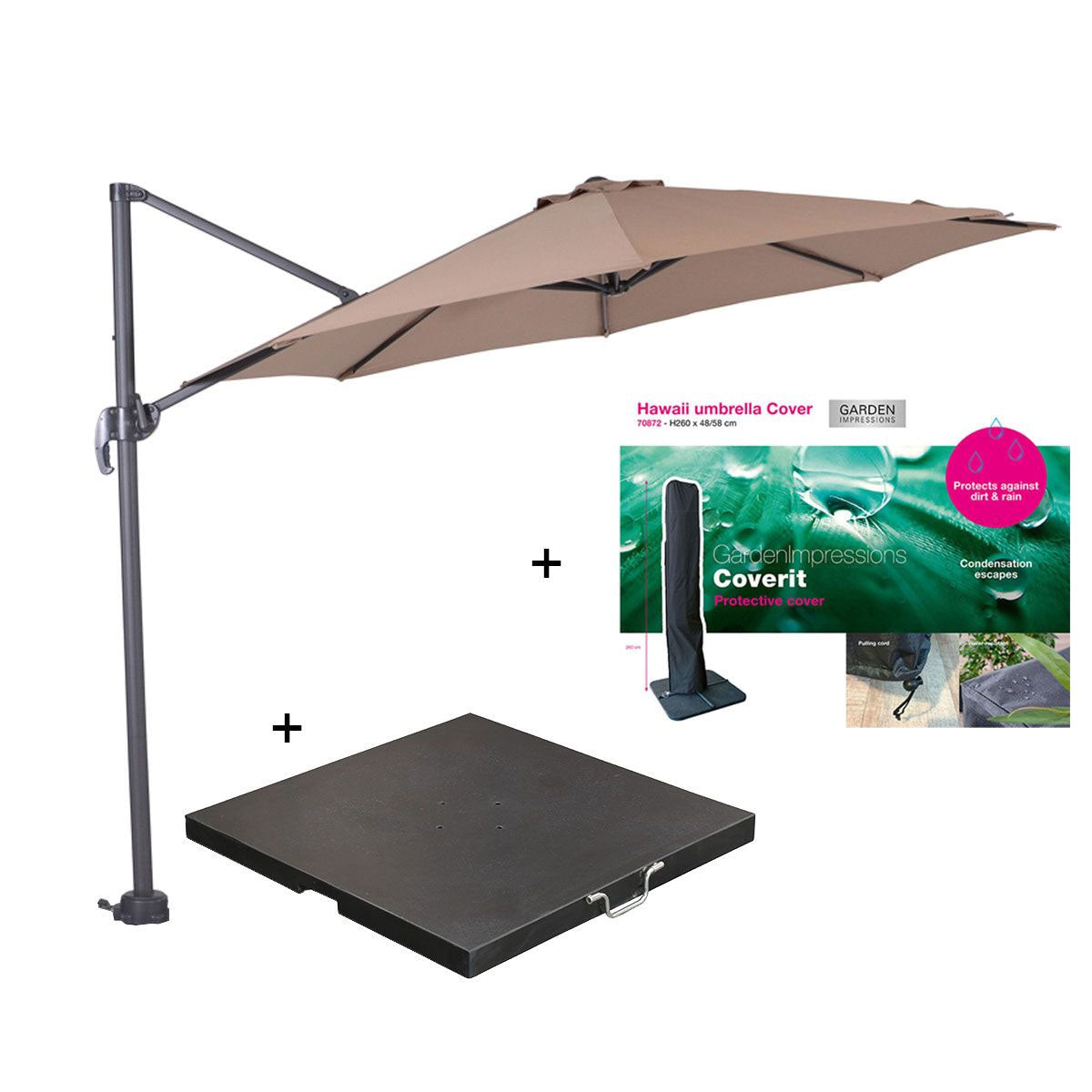 Garden Impressions zweefparasol Hawaii S taupe Ø300 cm incl 60 kg voet en hoes