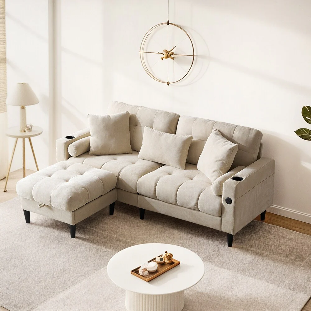 3-Seat L-Shaped Chenille Sofa with Storage Ottoman, USB-C Ports