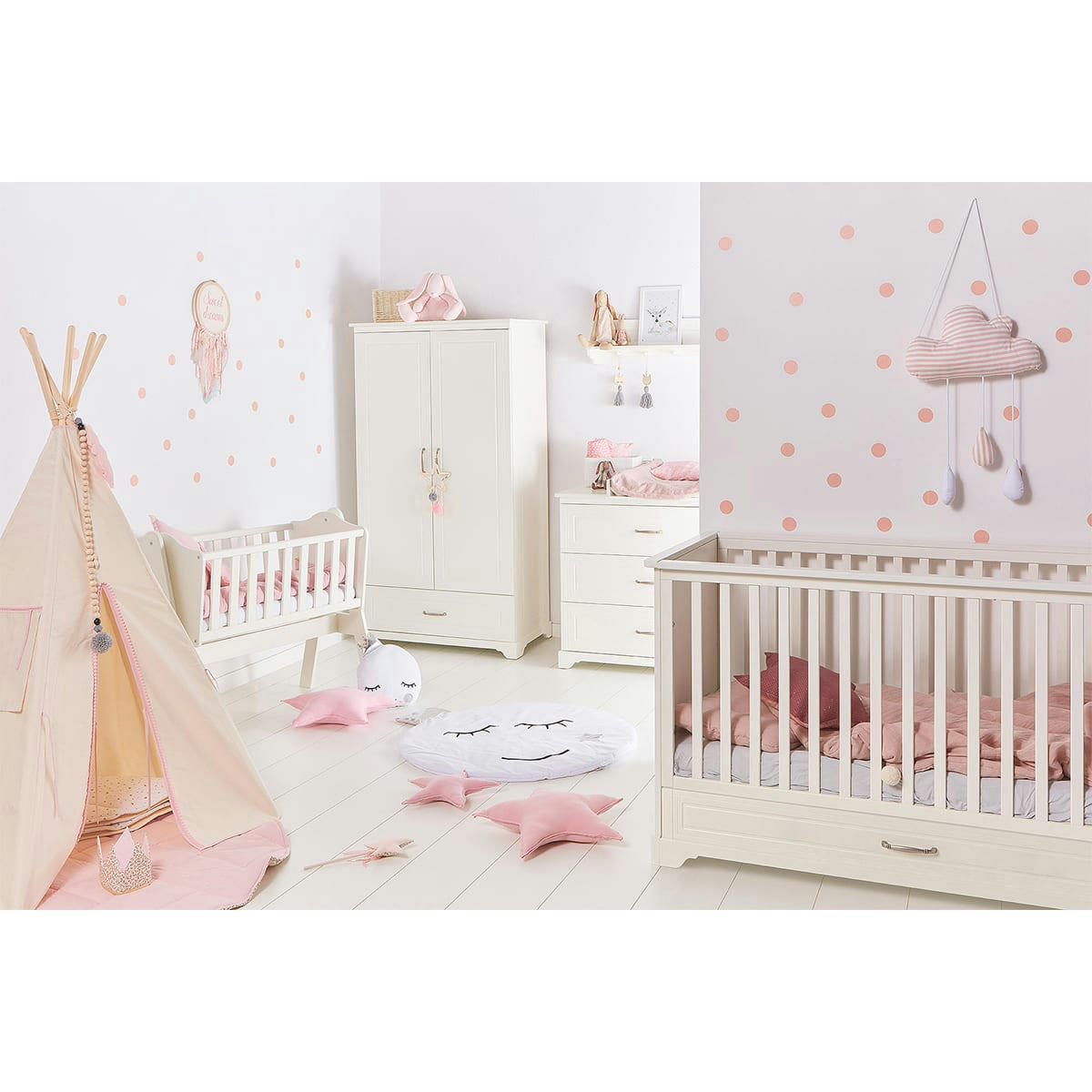 TRIO - MELODY - Chambre bébé : Trio - lit évolutif 70x140 commode armoire blanc