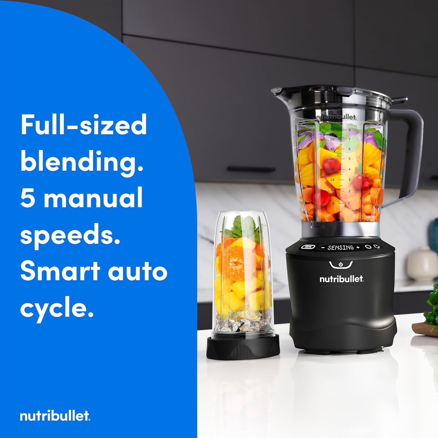 nutribullet SmartSense Blender Combo, 1400W, 64oz Pitcher, 32oz & 24oz Cups, 5-Speed, Smoothies, Ice and Frozen Fruit, Nut Milk, Soup, Matte Black, NBF50700AK