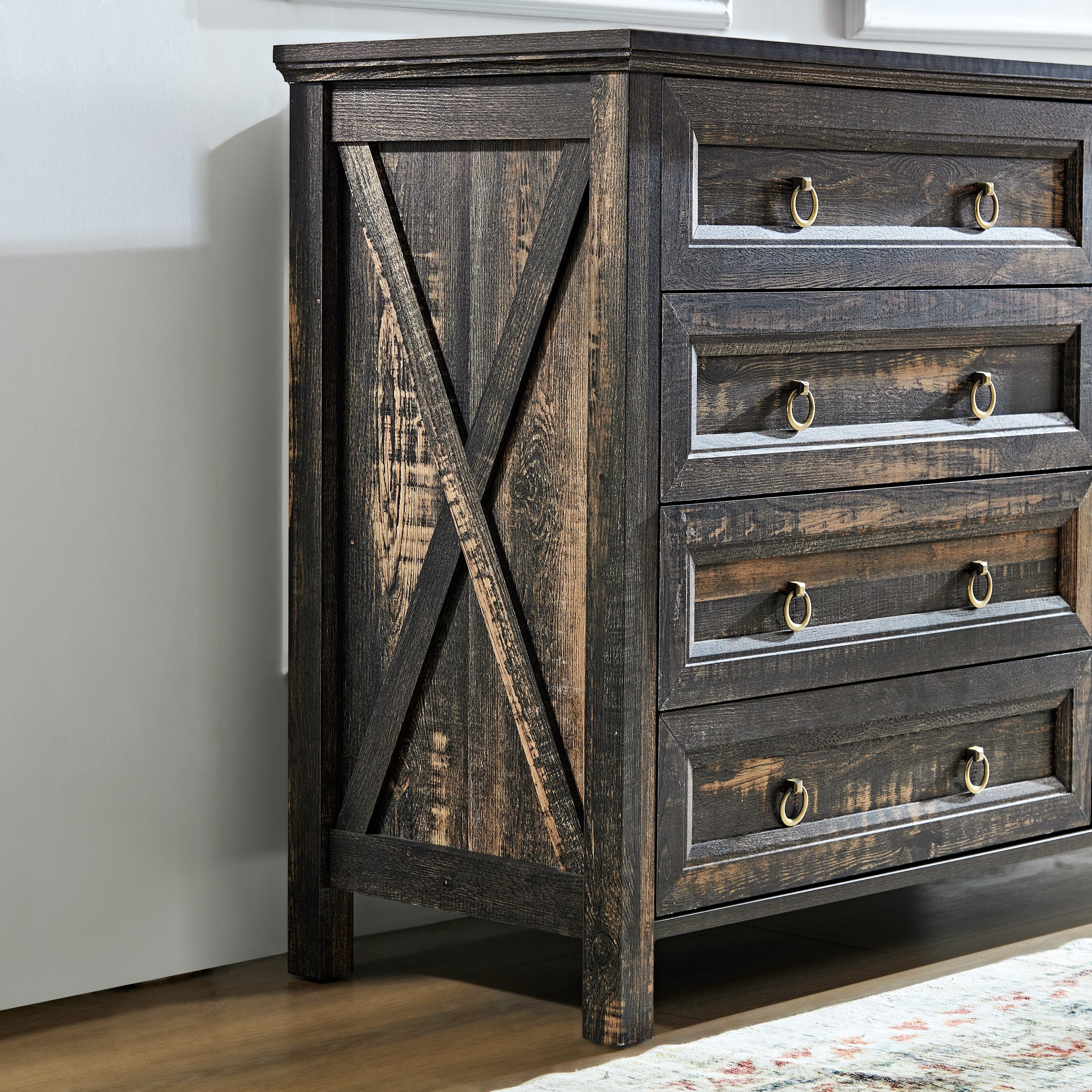 Farmhouse Style 8-Drawer Double Dresser with Rustic Wood Wide Finish and Metal Ring Handle