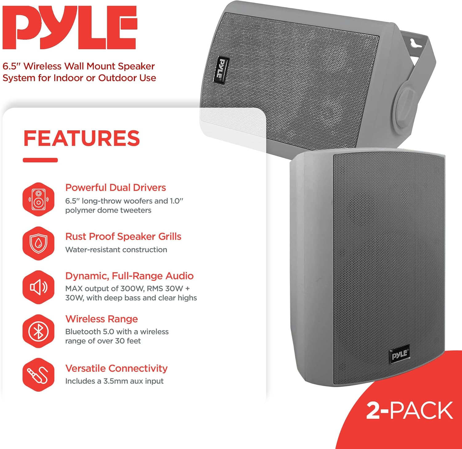 Pyle 6.5 Inch Wall Mount Waterproof Speaker System for Indoor or Outdoor Wireless Bluetooth Surround Sound System, Light Gray (2 Pack)