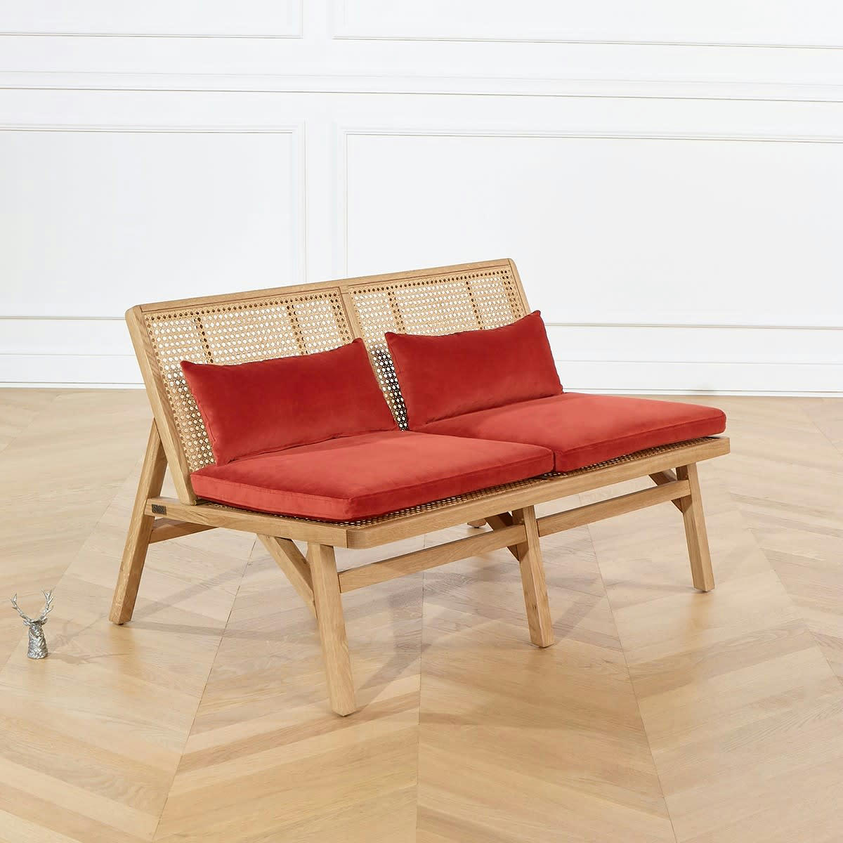 BO PARIS - Banquette en chêne, cannage & velours 2 places brique